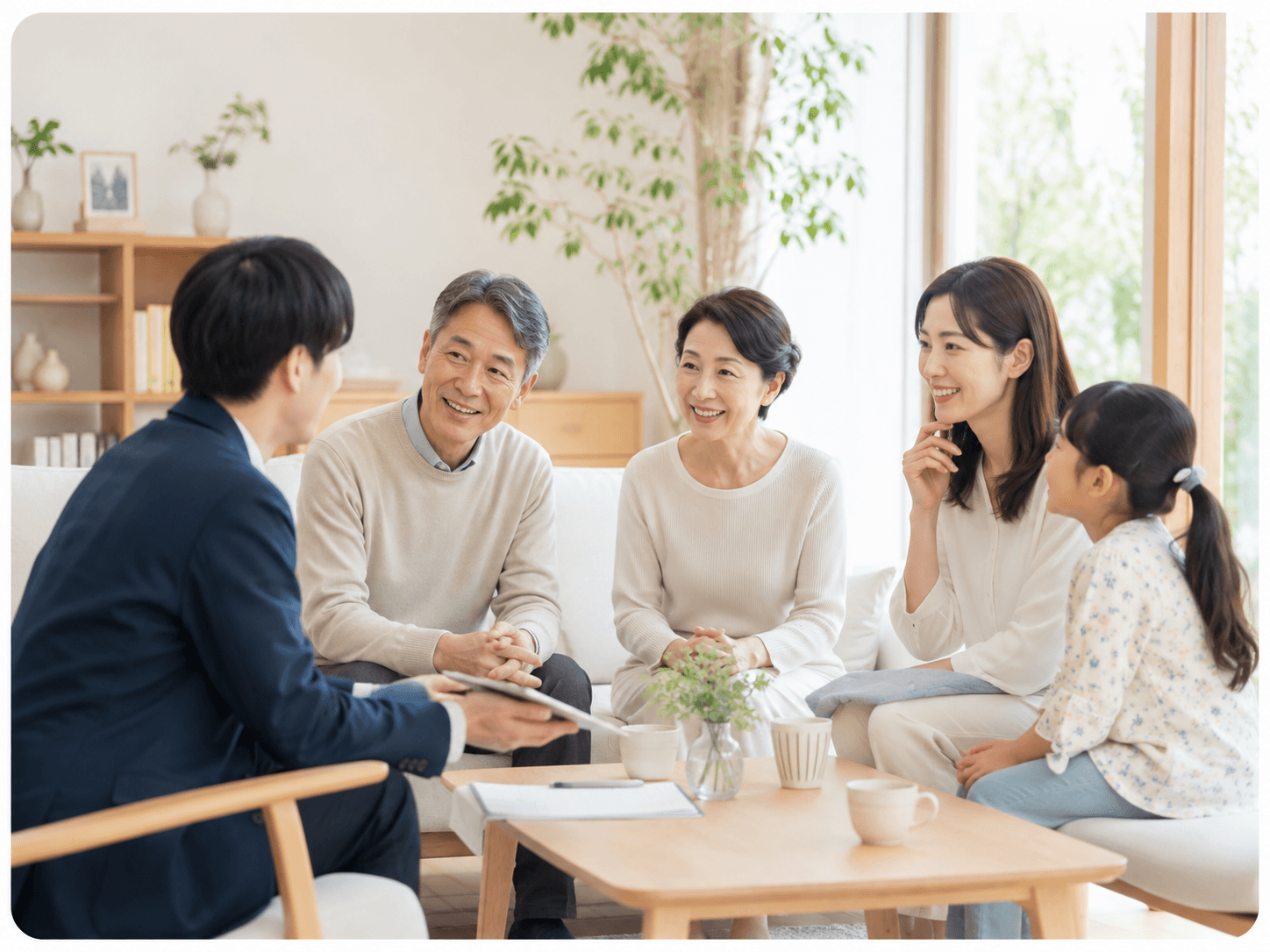 ご家族と相談員が、明るいリビングで話している様子